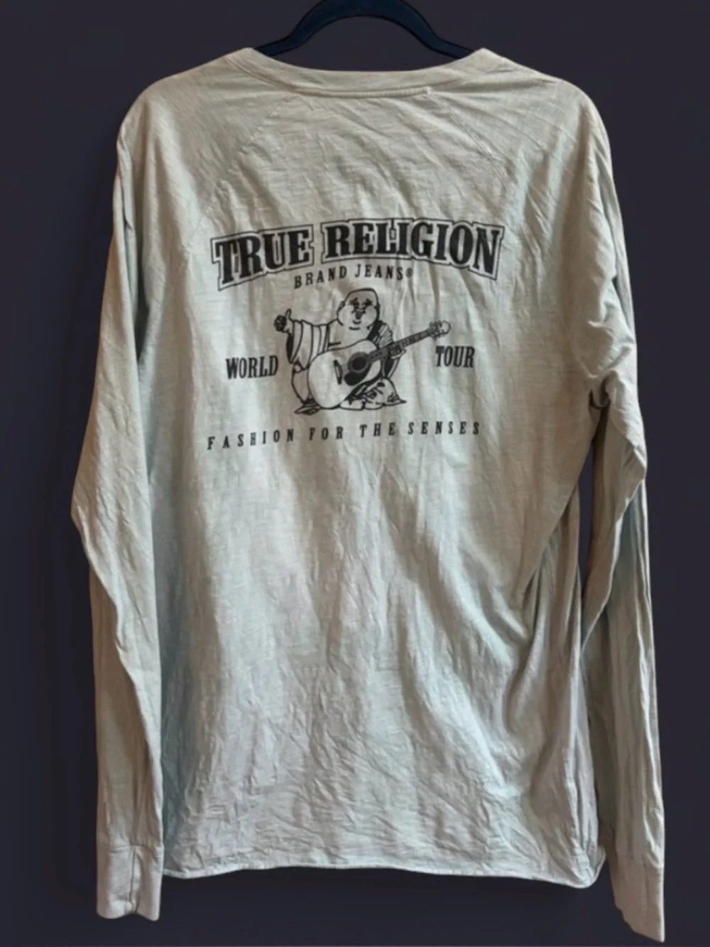 True Religion Logo Buddha Graphic World Tour Henley Long Sleeve Cotton Shirt Top